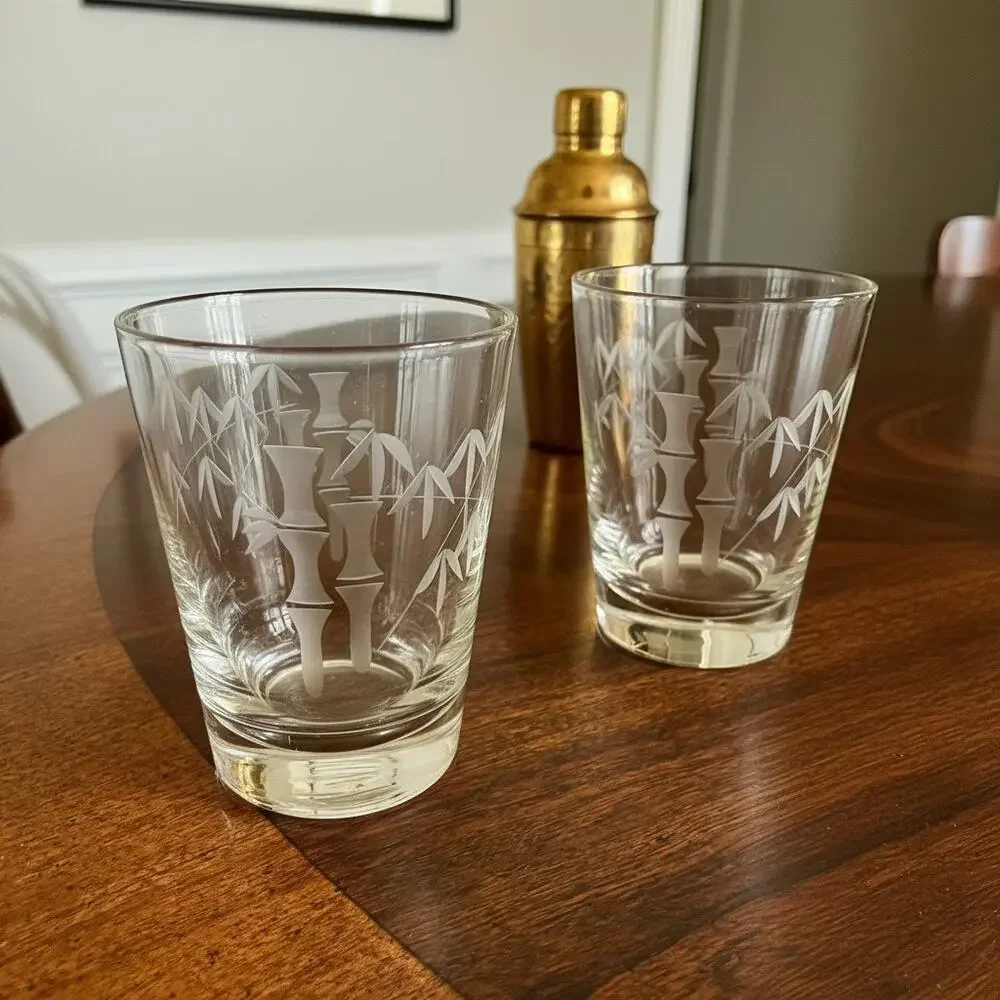 Vintage Sasaki Noritake Bamboo Etched Rocks Glasses Set 6-MCM-Japan-Barware